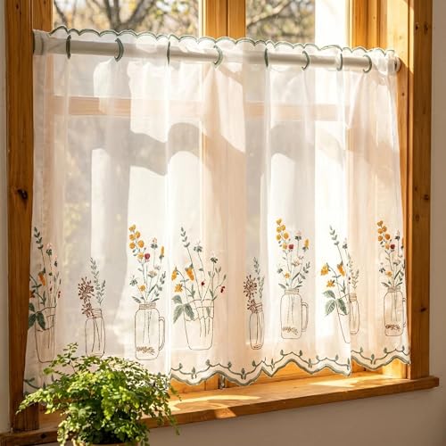 Image of Embroidered Cafe Curtain for Kitchen French Floral Window Curtain Sheer Voile Panel Short Curtains Light Filtering Privacy Tier Curtains for Bathroom, Balcony, Bedroom (150x50cm, 1 Piece) (Green)