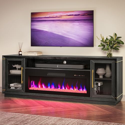 BELLEZE 74" Extra Large TV Stand for TVs Up to 85", Media Console Table with 42" Electric Fireplace Heater, Entertainment Center with Storage Cabinets
