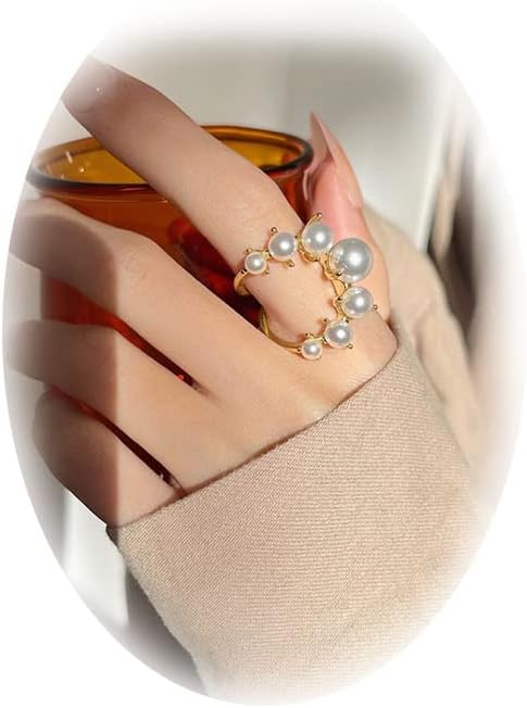 Pearl Rings for Women Gold Knuckle Stackable Joint Finger Rings Adjustable Big Imitation Pearl Open Band Wrap Rings Wedding Finger Rings for Girls Fit Christmas Valentine Jewelry Gift for Girlfriend