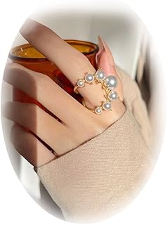 Pearl Rings for Women Gold Knuckle Stackable Joint Finger Rings Adjustable Big Imitation Pearl Open Band Wrap Rings Wedding Finger Rings for Girls Fit Christmas Valentine Jewelry Gift for Girlfriend Wife
