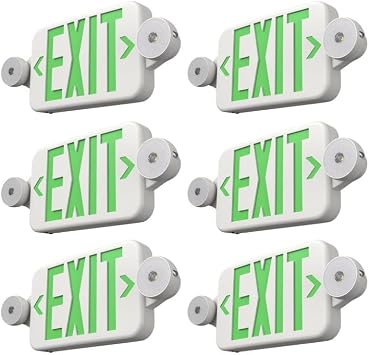 FREELICHT 6 Pack Green Exit Sign with Emergency Lights, Two LED Adjustable Head Emergency Light with Battery, Exit Sign for Business