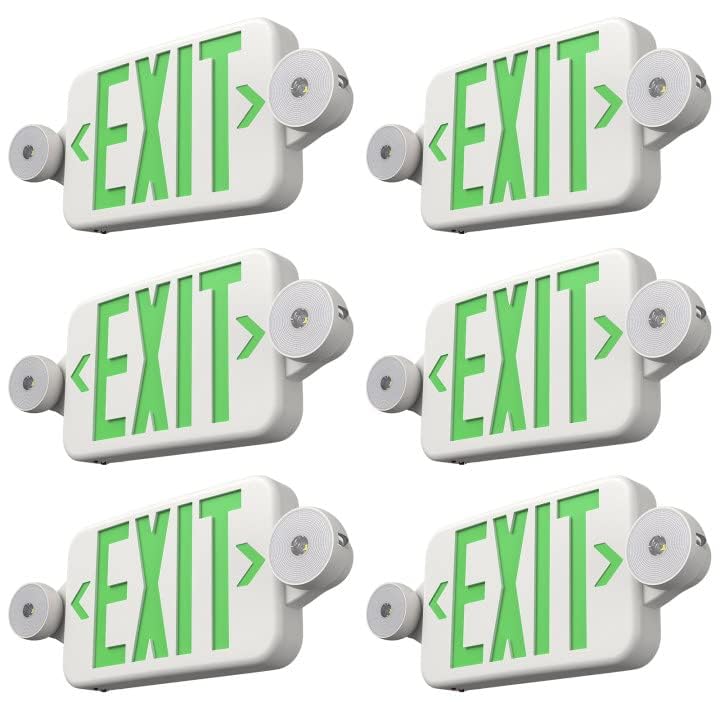 Image of FREELICHT 6 Pack Green Exit Sign with Emergency Lights, Two LED Adjustable Head Emergency Light with Battery, Exit Sign for Business