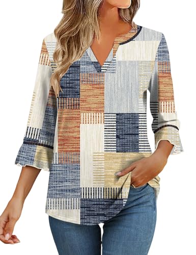 Image of Kistore Tops for Women UK 3/4 Sleeve Top V Neck Casual T Shirts Plaid S