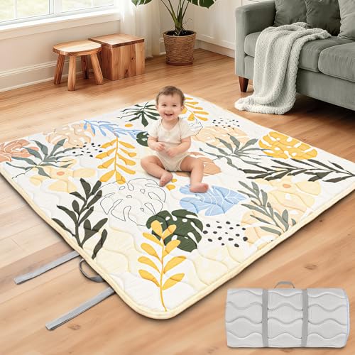 Image of Beavtaens Baby Play Mat for Floor, Portable 50x50 Thickened Foam Playpen Mat, Foldable for Easy to Store, Baby Tummy Time Playmat, Non-Slip, Carring Handle for Outdoor Use(Leaf)