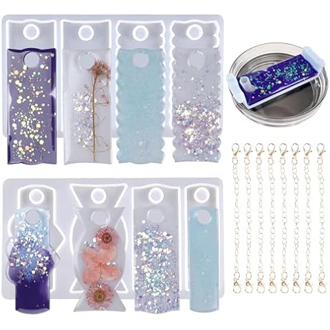 SAGOOITS Name Plate Resin Molds for Stanley Cup Lid 40oz Tumbler,8 Cavities Name Tag Silicone Molds for Resin Casting, DIY Personalized Custom Name Plates for Stanley-with 8 PCS Charm Chain Cover