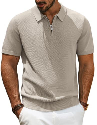 Image of PJ PAUL JONES Mens Polo Shirts Short Sleeve Quarter Zip Knitted T Shirt Golf Polo Camel