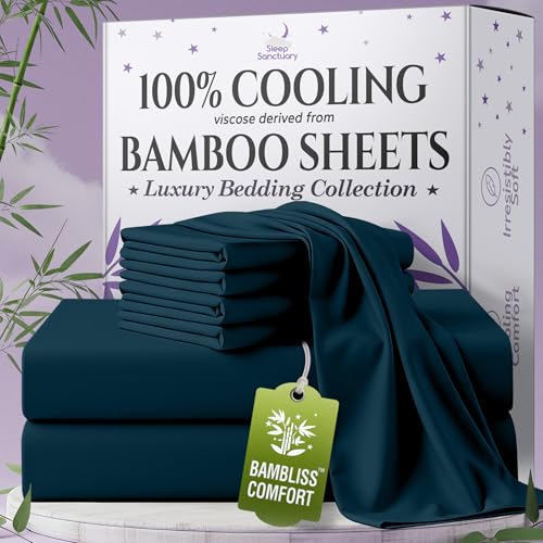 BamBliss Bamboo Viscose King Sheets Set, 17" Deep, Navy