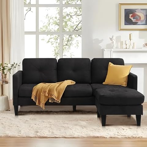 LETATA Convertible Sectional Sofa Couch for Living Room, L-Shaped Couch 3 Seats Sofas, Movable Ottoman Small Sofa Mid Century for Small Apartments, Living Room and Office (Linen Fabric, Black) Cover