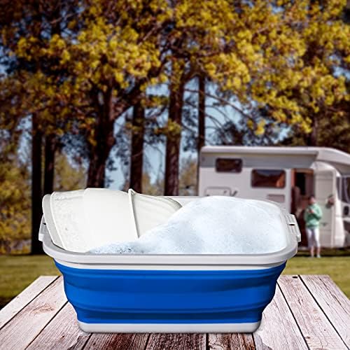 Tiawudi Collapsible Sink with 2.25 Gal / 8.5L, Foldable Dish Tub for Washing Dishes, Camping, Hiking and Home, Portable Washing Basin, White/Blue