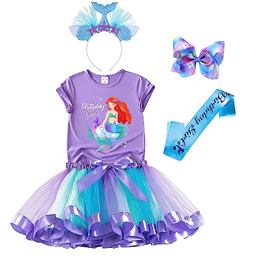 Mermaid Birthday Outfit Set Shirt Rainbow Tutu Dress Satin Sash Headband Birthday Gifts for Girls Costume (Purple 1 6 Years)