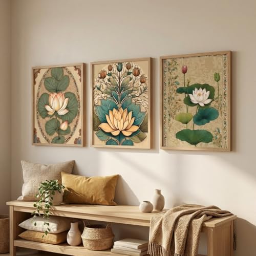 Image of Livin'luxe Set of 3 Lotus Floral Wall Paintings for Living Room Bedroom Home Decor with Premium Wooden Color Synthetic Frame, Traditional Botanical Art (13.5 x 19.5 Inch) NM03-57
