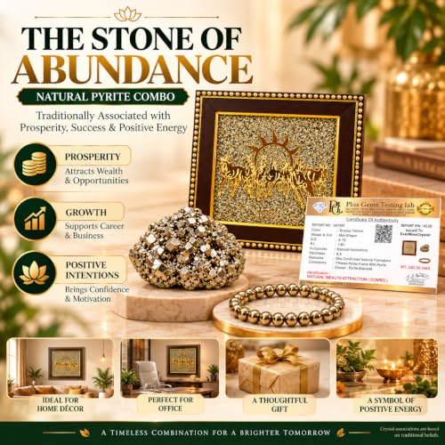 Image of EverMineCrystal Wealth Attraction Pyrite Combo - 7 Horses on Raw Pyrite Frame + Pyrite Stone Original Cluster + Raw Pyrite Bracelet | Vastu items & Prosperity Gift Set for Home & Office | Lab Certified
