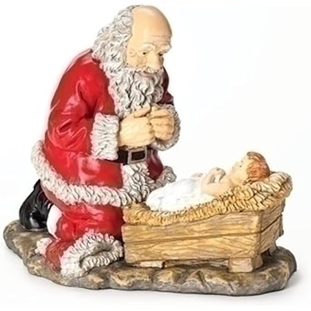 Joseph'S Studio By Roman - Santa With Baby Jesus And Lambs Figure, Kneeling Santa Collection, Verse - O' Come All Ye Faithful, 5.75' H, Resin And Stone, Christmas Decoration main image 1