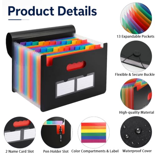 13 Pockets Accordion File Organizer, Portable Expanding File Folder with Cover Labels Black Desktop Document Holder Letter A4 Paper Bill Receipt Storage for Student Teacher Office Home School Supplies - Image 2
