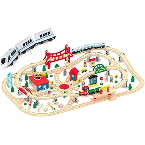 Leomark Holzeisenbahn - mit 130 Teilen - Spielzeug Eisenbahn, Kinder-Bahn Zug, Spiel-Set Holz Cover