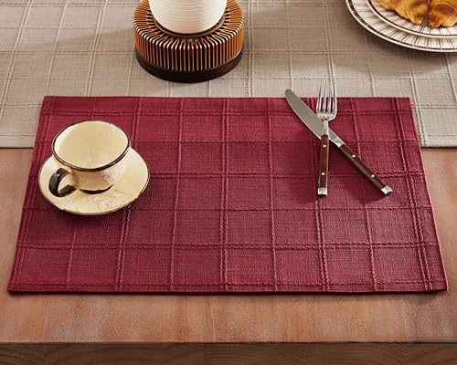 ZeeMart Linen Checked Farmhouse Placemats Set of 6, Burgundy 13x19in
