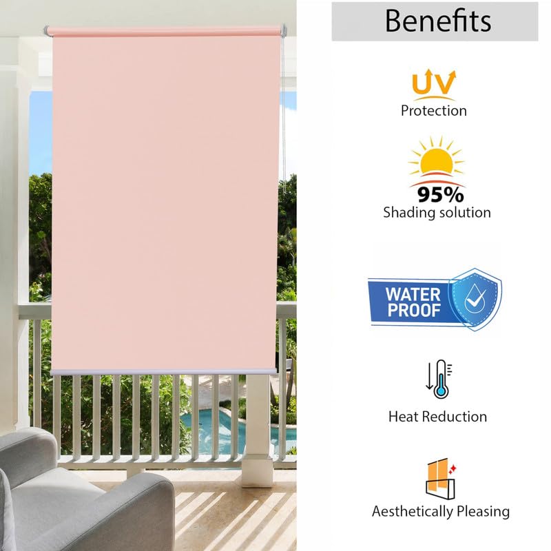 Image of Roller Blinds 300 GSM Polyester Fabric Waterproof & Sun Blockage Corded Roll Up and Down Blinds Curtains for Window, Door, Balcony (Pink Color 2 X 11 Feet, Pack of 1 Piece)