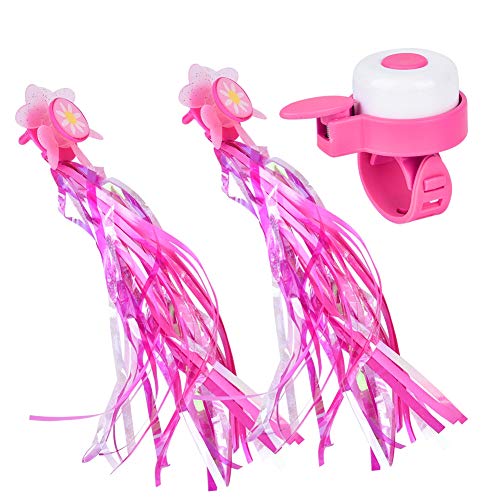 HERCHR Children's Bike Accessories Kids Bike Bell and Streamers for Girls Flower Bicycle Bell with 2 Pack Bike Streamers Kids Bike Handlebar Streamers