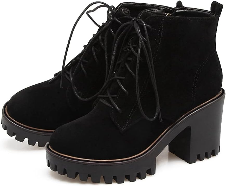 Women's Round Toe Platform Dressy Ankle Boots Lace Up Chunky Block High Heel Winter Dress Short Bootie
