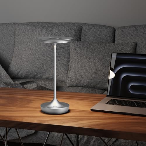 Image of LED Rechargeable Cordless Outdoor 6000mAh Battery Table Lamp 2-Pack Silver | Portable Waterproof 3 Color Stepless Dimmable Lights Memory Function for Patio Restaurant Bar Dining Room