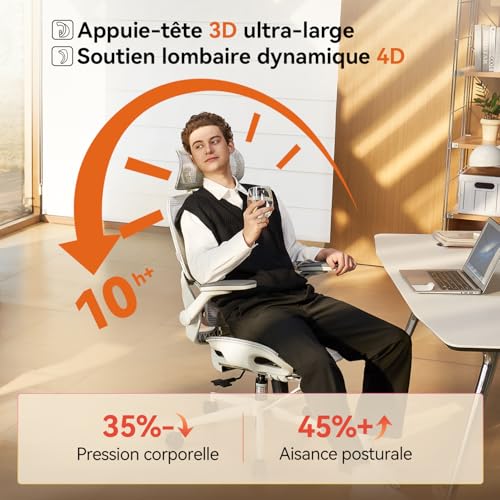 Image of SIHOO B100 Pro JT Ergonomic Office Chair, Breathable Mesh, 4D Lumbar Support, 3D Headrest, 4D Armrest, 90-135 Tilt, Grey /White (with Foot Rest)