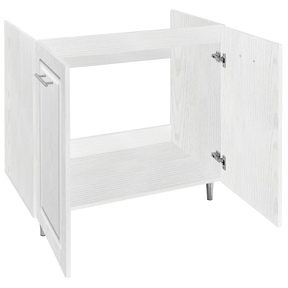 Shally Dogan Mobile Sottolavello Base per Cucina con Due Ante Design Boiserie, Mobiletto Componibile con Struttura in Legno Robusta, Mobile Sotto Lavello, 80 x 50 x 85H cm (Bianco Frassinato)