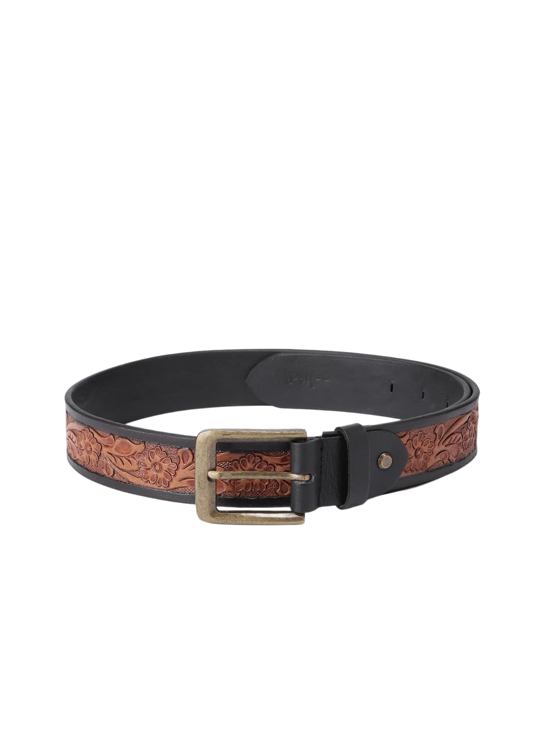 Unisex Genuine Leather Embossed Floral Brown Waist Accessory Antique Metal Buckle-image-39