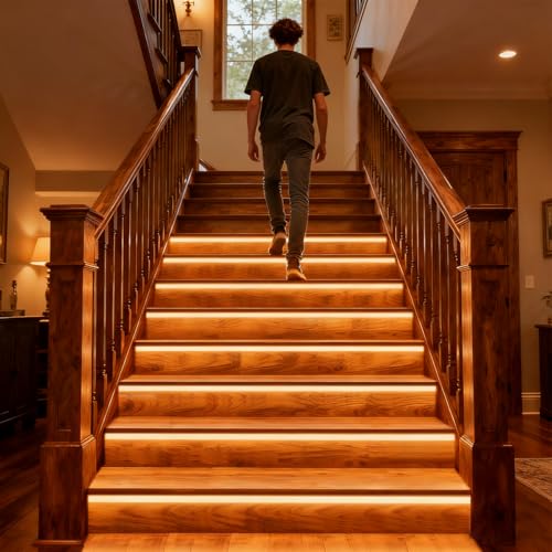 Image of 20-Step Motion Activated Stair Lights Kit, 47.2-Inch Cuttable Warm White COB LED Strip Lights for Indoor Stairs, Staircase Lighting with PIR Sensor and Daylight Sensor (3000k)