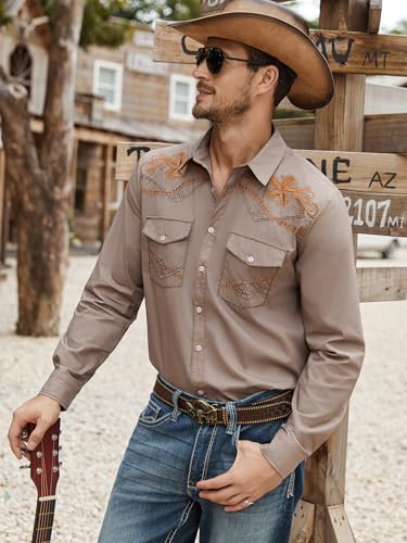Daupanzees Men's Western Cowboy Shirts Long Sleeve Embroidered Shirts Slim Fit Casual Button Down Shirt with Pockets2