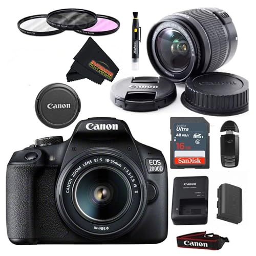 Image of Canon EOS 2000D (Rebel T7) Digital SLR Camera with 18-55mm Lens Kit (Black) - Basic Accessories Bundle of Scandisk 16GB SD Card + SD Card Reader + 58mm 3pcs Filter Kit + Brush Pen (Renewed)