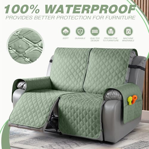 Image of TAOCOCO 100% Waterproof Recliner Covers, Recliner Sofa Covers with Leg Straps, Reversible Recliner Couch Cover for Reclining Chair, Washable Couch Protector for Pets Kids(2 Seater, Sage Green)