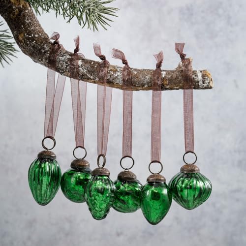 Arthur Cameron – Crackle Glass Bauble Set – 6 Handmade Glass Ornaments in Organza Pouch – Elegant Mini Christmas Baubles & Ribbed Baubles for Festive Displays (Emerald)