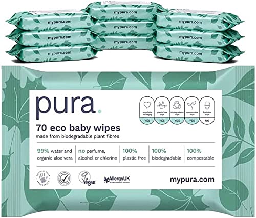 Pura Toallitas para bebé (10 paquetes de 70 toallitas), 100% libre de plástico, biodegradables, 99% de agua, aloe vera, orgánico vegano, apto para pieles sensibles, aprobadas por parteras