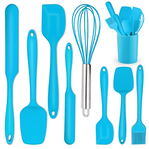 P&P CHEF Silicone Spatula with Holder Set of 9 Heat Resistant Spatulas Rubber Seamless Spatulas For Cake Cream Butter Jam Flexible Head Ergonomic Handle Non-stick Dishwasher Safe Blue