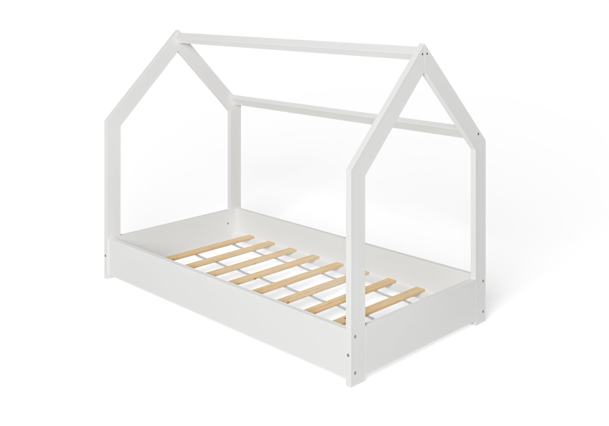 MS FACTORY Letto Casetta in Legno Massello 80x160 cm con Telaio a Doghe - Letto per Bambini Singolo - Stile Scandinavo Nordico Montessori - Bianco