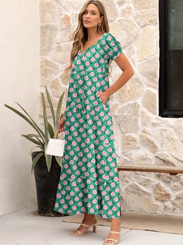 Image of ANRABESS Women's Boho Maxi Dresses 2025 Summer Casual Floral Puff Short Sleeve Tie Front Flowy Swing Tiered Long Beach Dress