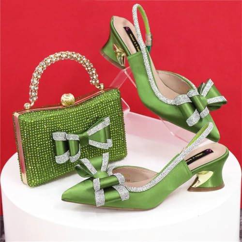 Women's Medium Heel Embroidered Pointed Toe Shoes Rhinestone Details Matching Evening Bag Set2