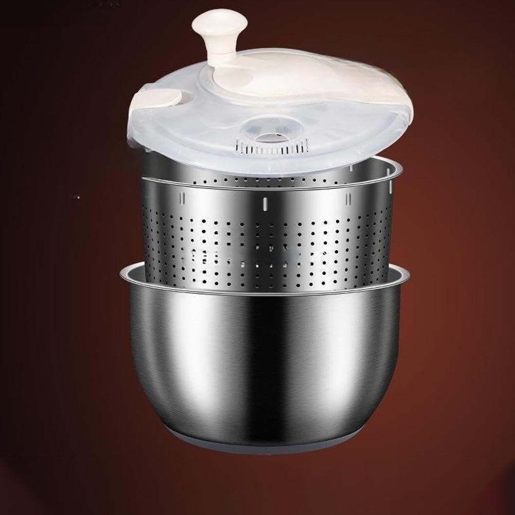 6L ステンレススチール サラダスピナー 大型野菜スピナー 金属製レタススピナー 洗濯かご、ボウル、排水口付き スピナーボウル 家庭
