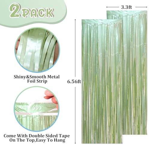 Image of Voircoloria 2 Pack Sage Green Foil Fringe Backdrop Curtains, Tinsel Streamers Party Decorations, Fringe Backdrop, Door Shimmer for Baby Shower or Birthday Party