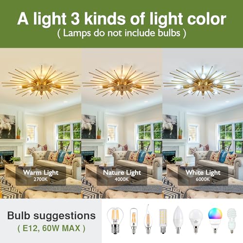 Image of Gold Flush Mount Ceiling Light Fixture Modern 8 Light Ceiling Lighting Metal Chandelier for Kitchen Dining Room Farmhouse Bedroom Hallway Living Room
