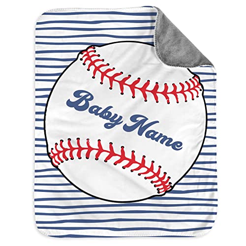 NICTIMEID Personalized Minky Baby Blanket with Name for Boy Girl, Customized Baseball Blanket for Kids, Ball and Stripes