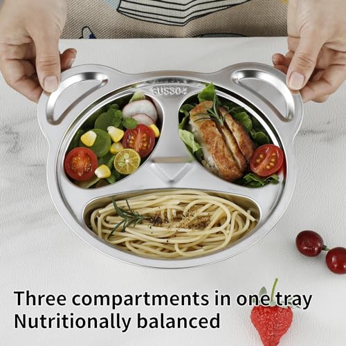 Ylarmy YLARMY-PL01 Set Of 4 Stainless Steel Divided Plates And Utensils For Kids,3 Compartment Toddler Plate Metal Kid Dinner Tray Bpa Free, Cute Panda Shape Toddlers Dishes Dinnerware Picky Eater Bowls thumb #1