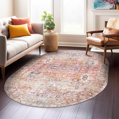 Rugshop Multi Transitional Distressed Oval Area Rug — Machine Washable & Non‑Slip, 5' X 7' Oval for Living Room, Bedroom and Entryway