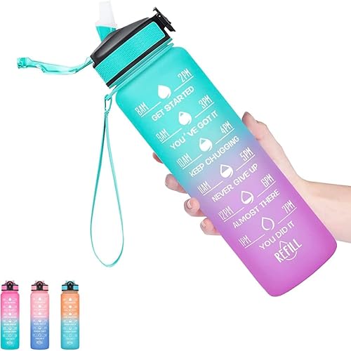 Botella de agua deportiva motivacional de 32 onzas con marcador de tiempo, filtro extraíble, tritán a prueba de fugas, garantiza que bebas