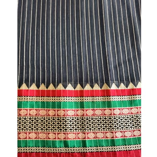 Image of Black Narayanpet Pure Mercerised Cotton Saree with stripes | Handloom Traditional Saree with Contrast Border | Soft Lightweight Ethnic Wear | Festive & Daily Wear Saree |