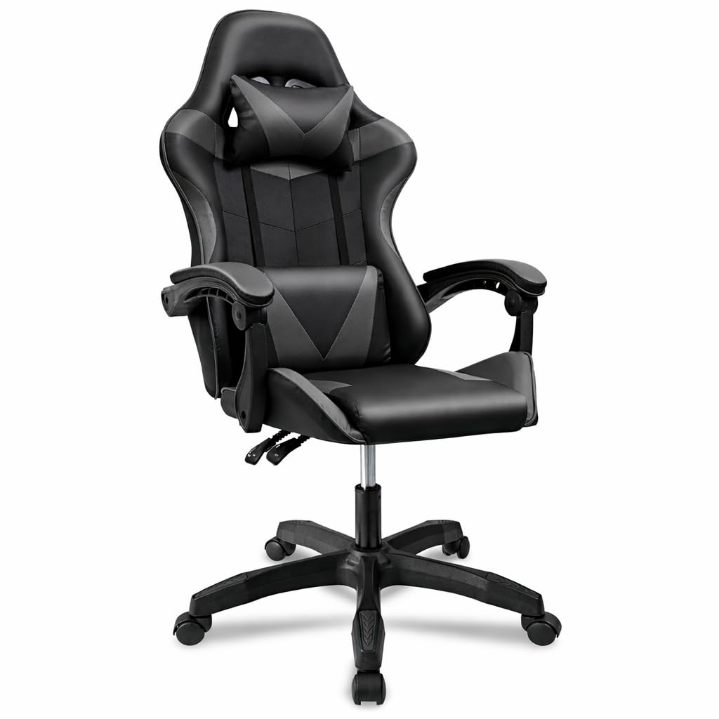Ergonomic Reclining Gaming Chair with Lumbar and Cervical Cushion | Adjustable Height, Padded Armrests, 360° Wheels | Ideal for Office, Desk, Telework, Study, Gaming, Computer