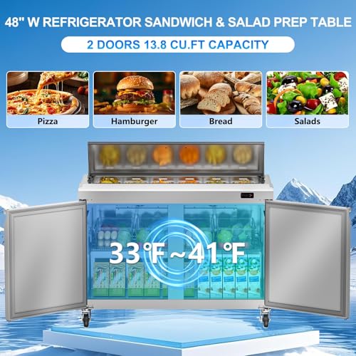 Image of Rockitch 48 inch W Commercial Sandwich Prep Table Refrigerator, 13.8 Cu.ft Stainless Steel Sandwich Prep Table with 12 Pans, 2 Doors Fan Cooling Salad Prep Station for Restaurant Food Prep, ETL Approved