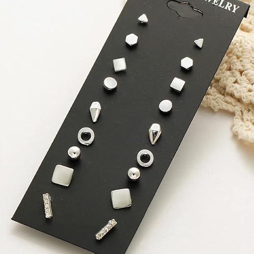 Achieer 16Pairs/Set Simple Vintage Geometric Crystal Stud Earrings Set Charm Trendy Gold/Silver Stainless Steel Punk Earrings Women Causal Jewelry Accessories Gift (A-Silver) #TOP6