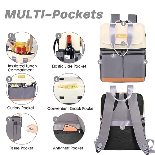Image of Scothen Backpack Cooler with Double Decker & 12 Ice Packs- Keeps 36 Cans Cold for Up to 24 Hours- Waterproof & Leak Proof Insulated Cooler Backpack- Stylish Cooler Bookbag for Women Travel Work Beach