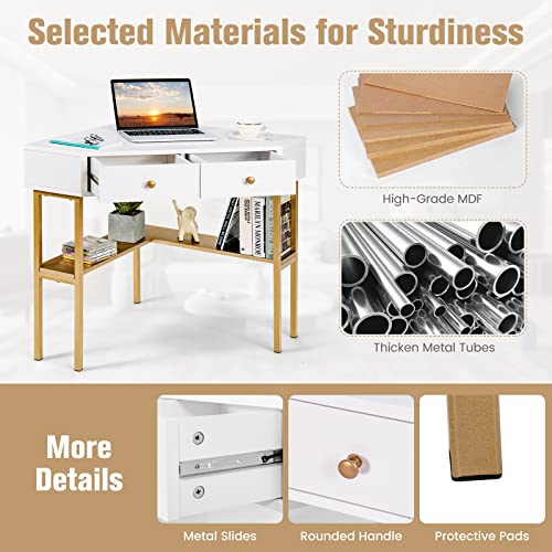 Ifanny Corner Desk With Drawers, 90 Degrees Triangle Desk W/Storage Shelves And Metal Frame, Corner Writing Desk, Corner Makeup Vanity Table, Small Corner Desks For Small Spaces (Gold) #TOP5